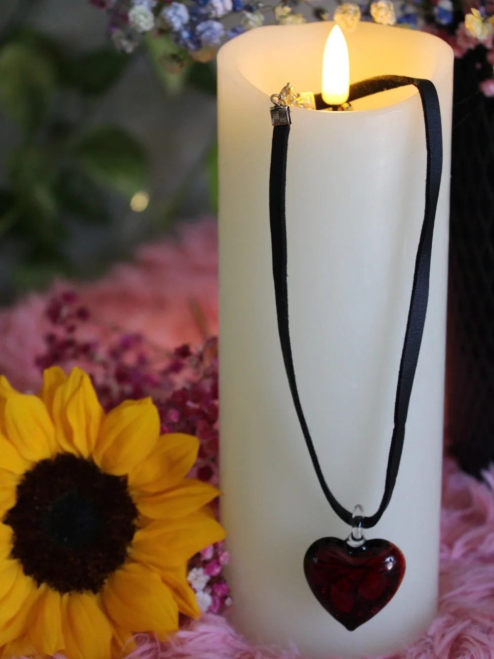 Free People Red Glass Heart Pendant Black Cord Necklace